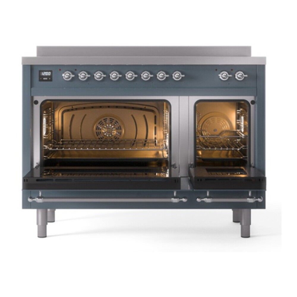 ILVE UNI486NMPBGC Nostalgie II Noblesse 48 inch Induction Range with 6 Elements (Triple Glass Door, Blue Grey, Chrome) 4 ILVE_UNI486NMPBGC_Nostalgie_II_48"_Induction_Range_oven_door_opened