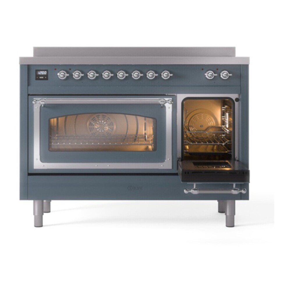 ILVE UNI486NMPBGC Nostalgie II Noblesse 48 inch Induction Range with 6 Elements (Triple Glass Door, Blue Grey, Chrome) 6 ILVE_UNI486NMPBGC_Nostalgie_II_48"_Induction_Range_side_oven_door_opened