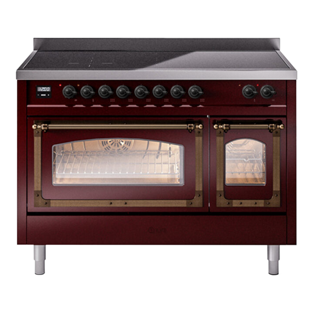 ILVE UNI486NMPBUB Nostalgie II Noblesse 48 inch Induction Range with 6 Elements (Triple Glass Door, Burgundy, Burnished) 1 UNI486NMPBUB