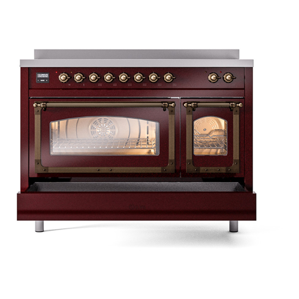 ILVE UNI486NMPBUB Nostalgie II Noblesse 48 inch Induction Range with 6 Elements (Triple Glass Door, Burgundy, Burnished) 7 ILVE_UNI486NMPBUB_Nostalgie_II_48"_Induction_Range_drawer_opened