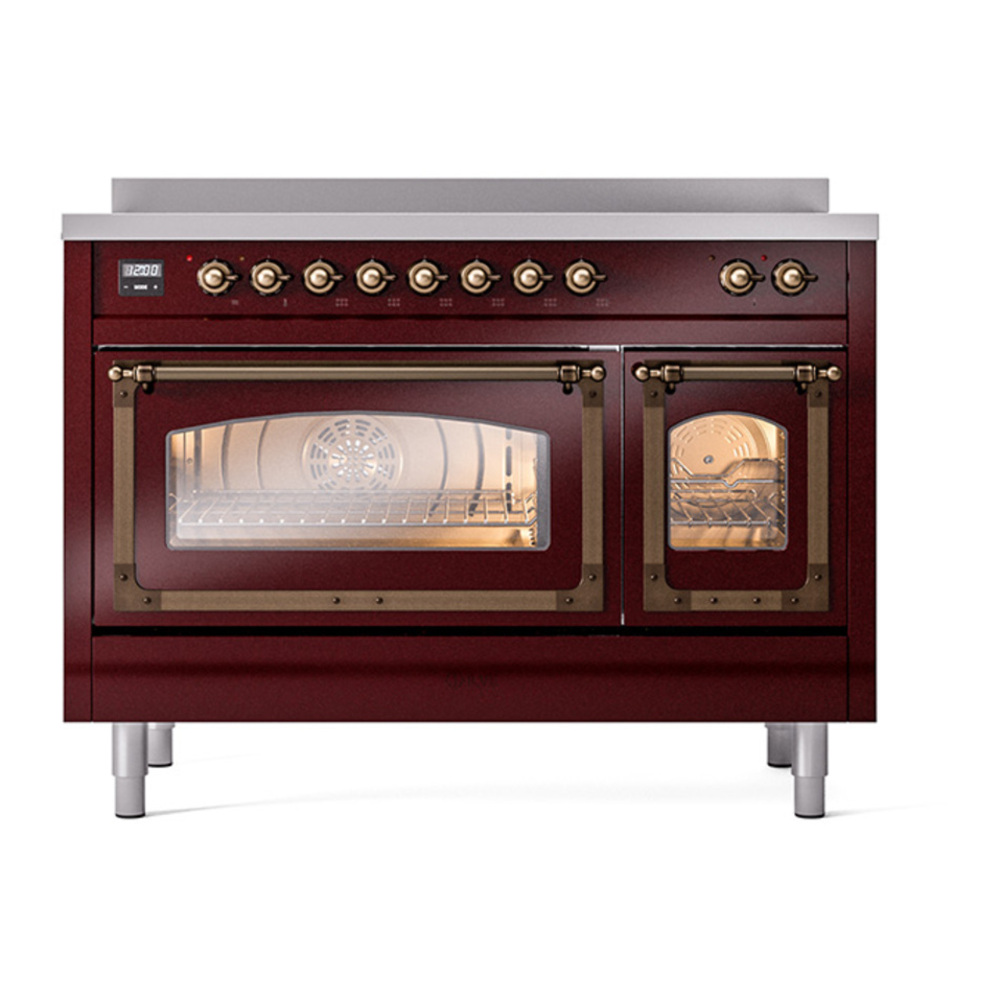 ILVE UNI486NMPBUB Nostalgie II Noblesse 48 inch Induction Range with 6 Elements (Triple Glass Door, Burgundy, Burnished) 3 ILVE_UNI486NMPBUB_Nostalgie_II_48"_Induction_Range_front_view