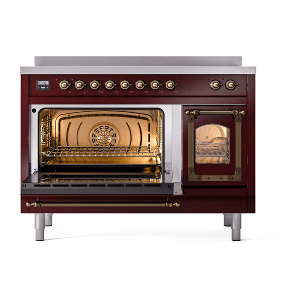 ILVE UNI486NMPBUB Nostalgie II Noblesse 48 inch Induction Range with 6 Elements (Triple Glass Door, Burgundy, Burnished) 5 ILVE_UNI486NMPBUB_Nostalgie_II_48"_Induction_Range_main_oven_door_opened