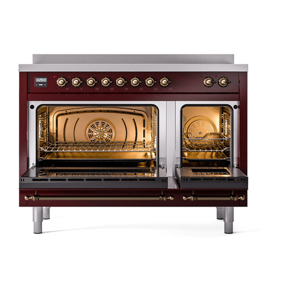 ILVE UNI486NMPBUB Nostalgie II Noblesse 48 inch Induction Range with 6 Elements (Triple Glass Door, Burgundy, Burnished) 4 ILVE_UNI486NMPBUB_Nostalgie_II_48"_Induction_Range_oven_door_opened