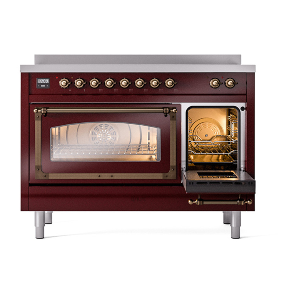 ILVE UNI486NMPBUB Nostalgie II Noblesse 48 inch Induction Range with 6 Elements (Triple Glass Door, Burgundy, Burnished) 6 ILVE_UNI486NMPBUB_Nostalgie_II_48"_Induction_Range_side_oven_door_opened