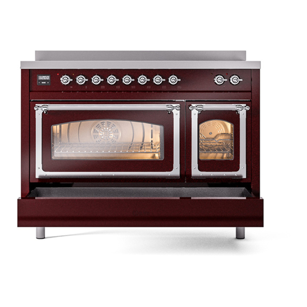 ILVE UNI486NMPBUC Nostalgie II Noblesse 48 inch Induction Range with 6 Elements (Triple Glass Door, Burgundy, Chrome) 7 ILVE_UNI486NMPBUC_Nostalgie_II_48"_Induction_Range_drawer_opened
