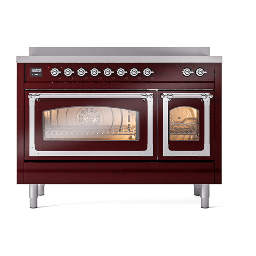 ILVE UNI486NMPBUC Nostalgie II Noblesse 48 inch Induction Range with 6 Elements (Triple Glass Door, Burgundy, Chrome) 3 ILVE_UNI486NMPBUC_Nostalgie_II_48"_Induction_Range_front_view