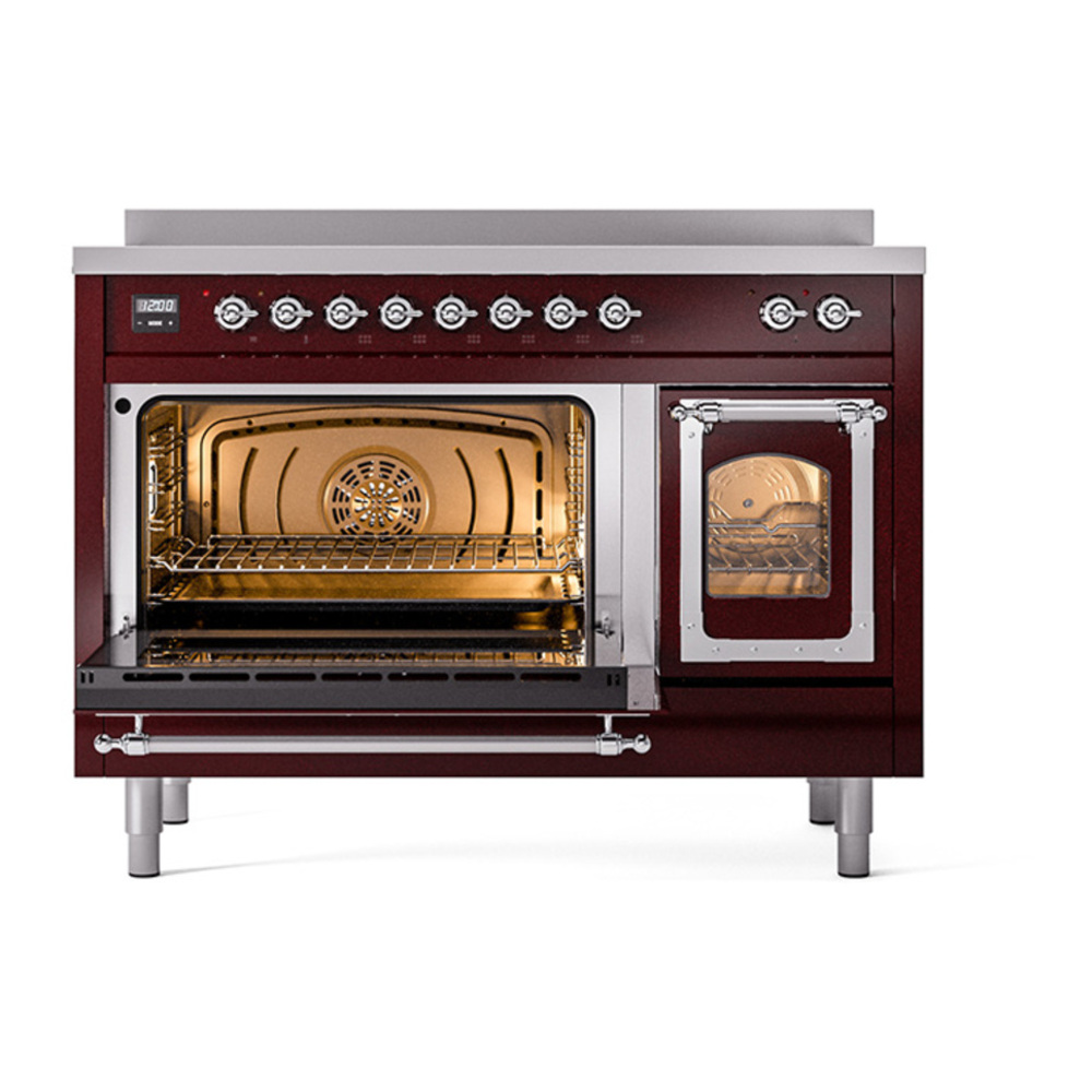 ILVE UNI486NMPBUC Nostalgie II Noblesse 48 inch Induction Range with 6 Elements (Triple Glass Door, Burgundy, Chrome) 5 ILVE_UNI486NMPBUC_Nostalgie_II_48"_Induction_Range_main_oven_door_opened