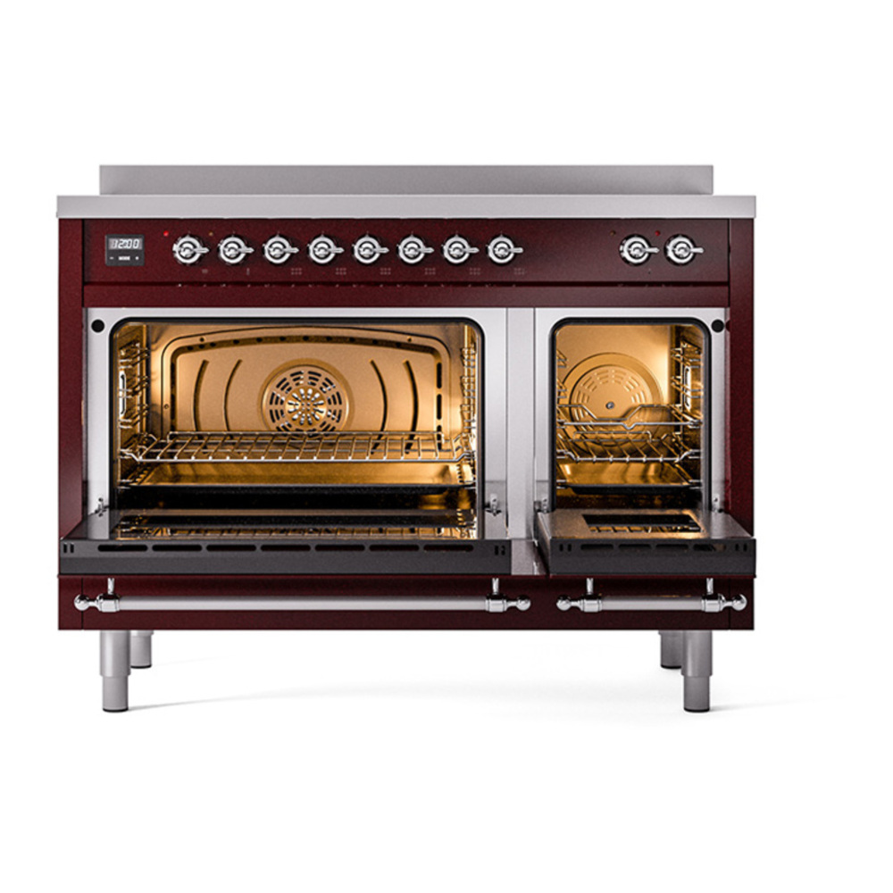 ILVE UNI486NMPBUC Nostalgie II Noblesse 48 inch Induction Range with 6 Elements (Triple Glass Door, Burgundy, Chrome) 4 ILVE_UNI486NMPBUC_Nostalgie_II_48"_Induction_Range_oven_door_opened
