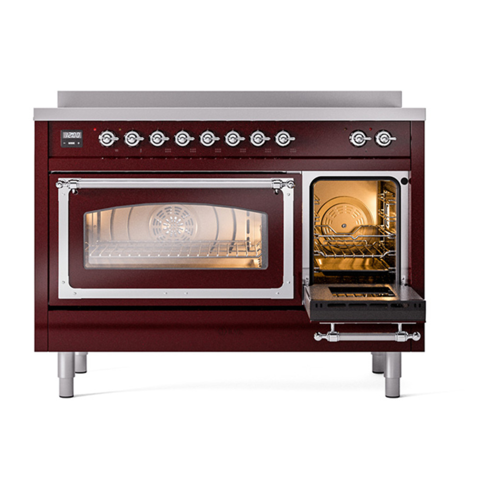 ILVE UNI486NMPBUC Nostalgie II Noblesse 48 inch Induction Range with 6 Elements (Triple Glass Door, Burgundy, Chrome) 6 ILVE_UNI486NMPBUC_Nostalgie_II_48"_Induction_Range_side_oven_door_opened
