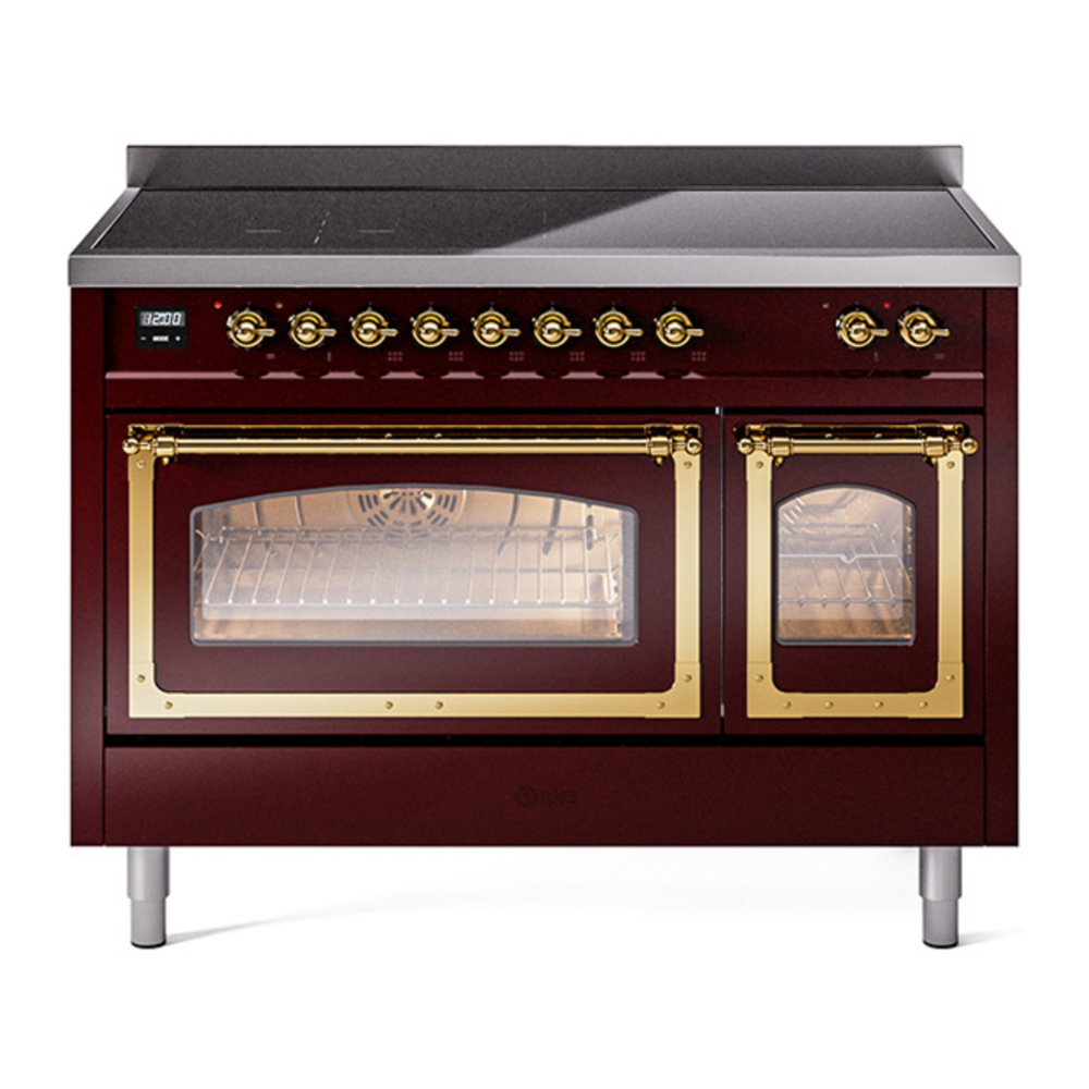 ILVE UNI486NMPBUG Nostalgie II Noblesse 48 inch Induction Range with 6 Elements (Triple Glass Door, Burgundy, Brass) 1 UNI486NMPBUG