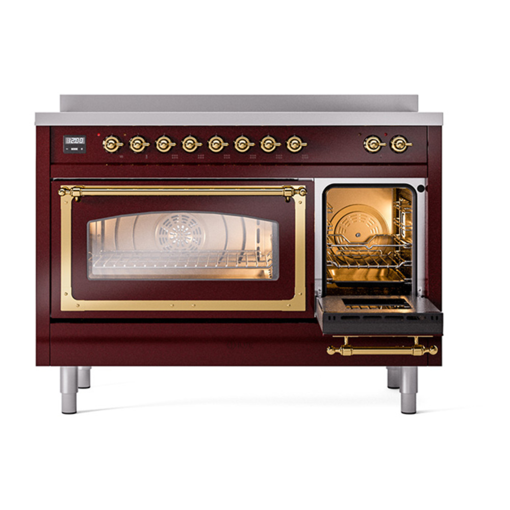 ILVE UNI486NMPBUG Nostalgie II Noblesse 48 inch Induction Range with 6 Elements (Triple Glass Door, Burgundy, Brass) 6 ILVE_UNI486NMPBUG_Nostalgie_II_48"_Induction_Range_drawer_opened