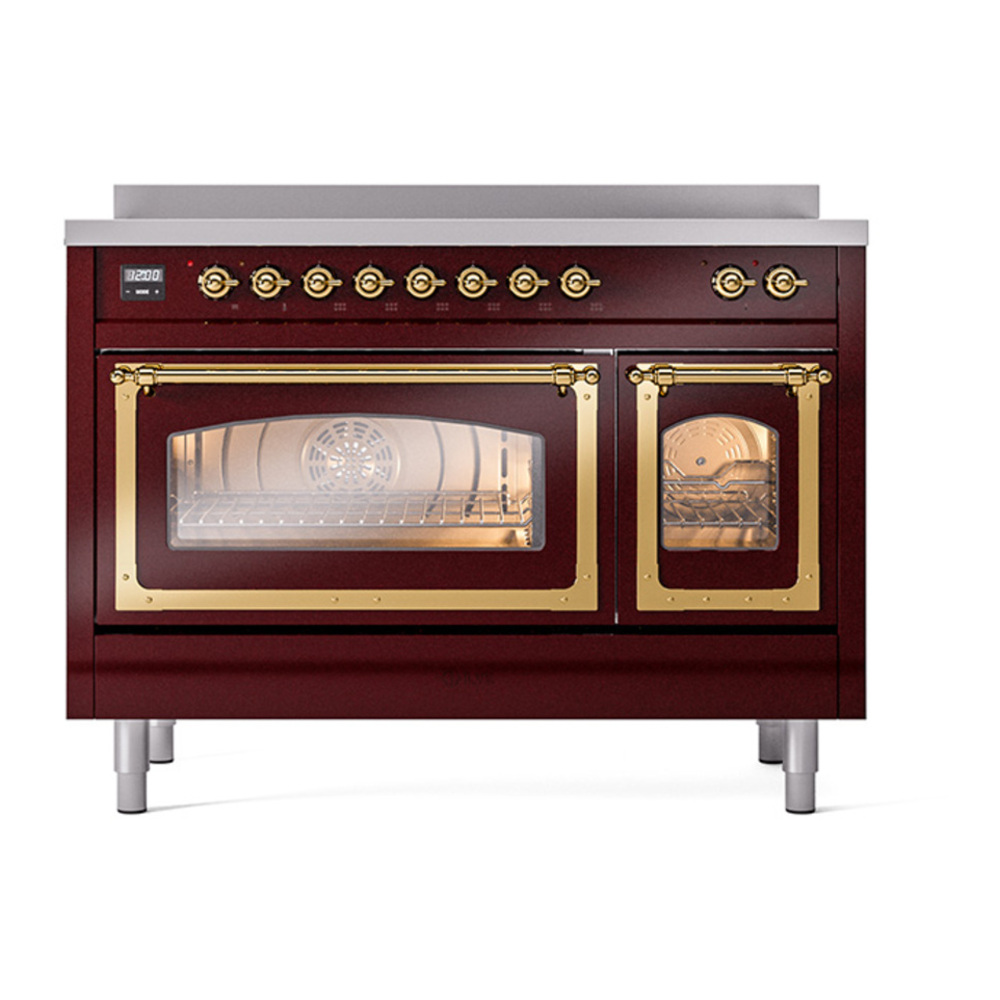 ILVE UNI486NMPBUG Nostalgie II Noblesse 48 inch Induction Range with 6 Elements (Triple Glass Door, Burgundy, Brass) 3 ILVE_UNI486NMPBUG_Nostalgie_II_48"_Induction_Range_front_view