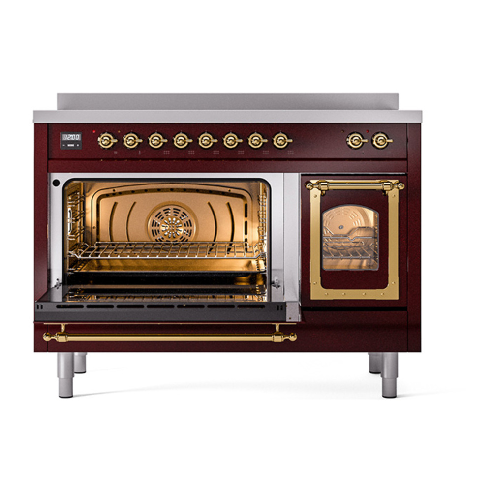 ILVE UNI486NMPBUG Nostalgie II Noblesse 48 inch Induction Range with 6 Elements (Triple Glass Door, Burgundy, Brass) 5 ILVE_UNI486NMPBUG_Nostalgie_II_48"_Induction_Range_main_oven_door_opened