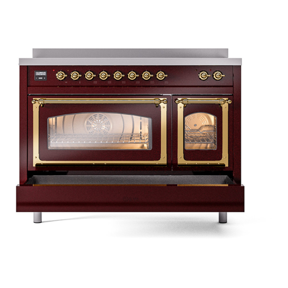ILVE UNI486NMPBUG Nostalgie II Noblesse 48 inch Induction Range with 6 Elements (Triple Glass Door, Burgundy, Brass) 7 ILVE_UNI486NMPBUG_Nostalgie_II_48"_Induction_Range_side_oven_door_opened