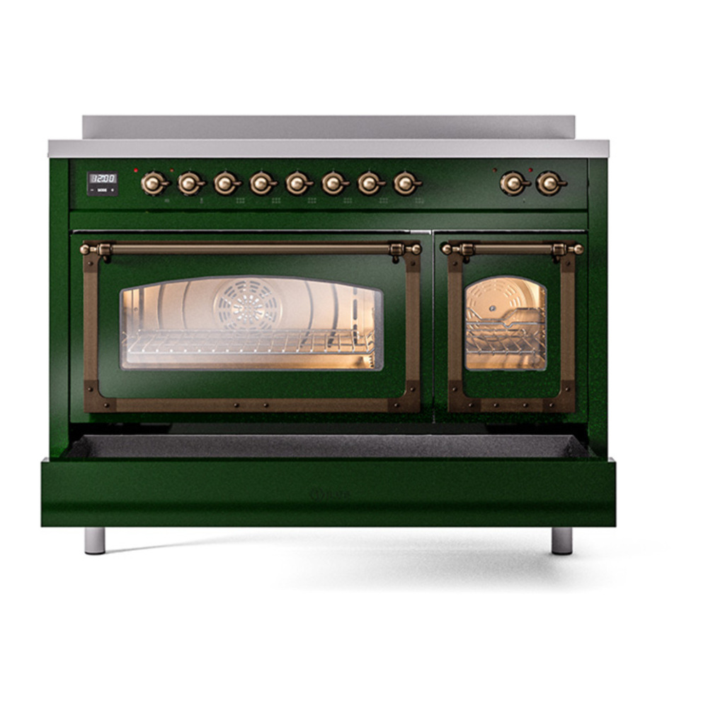 ILVE UNI486NMPEGB Nostalgie II Noblesse 48 inch Induction Range with 6 Elements (Triple Glass Door, Emerald Green, Burnished) 7 ILVE_UNI486NMPEGB_Nostalgie_II_48"_Induction_Range_drawer_opened