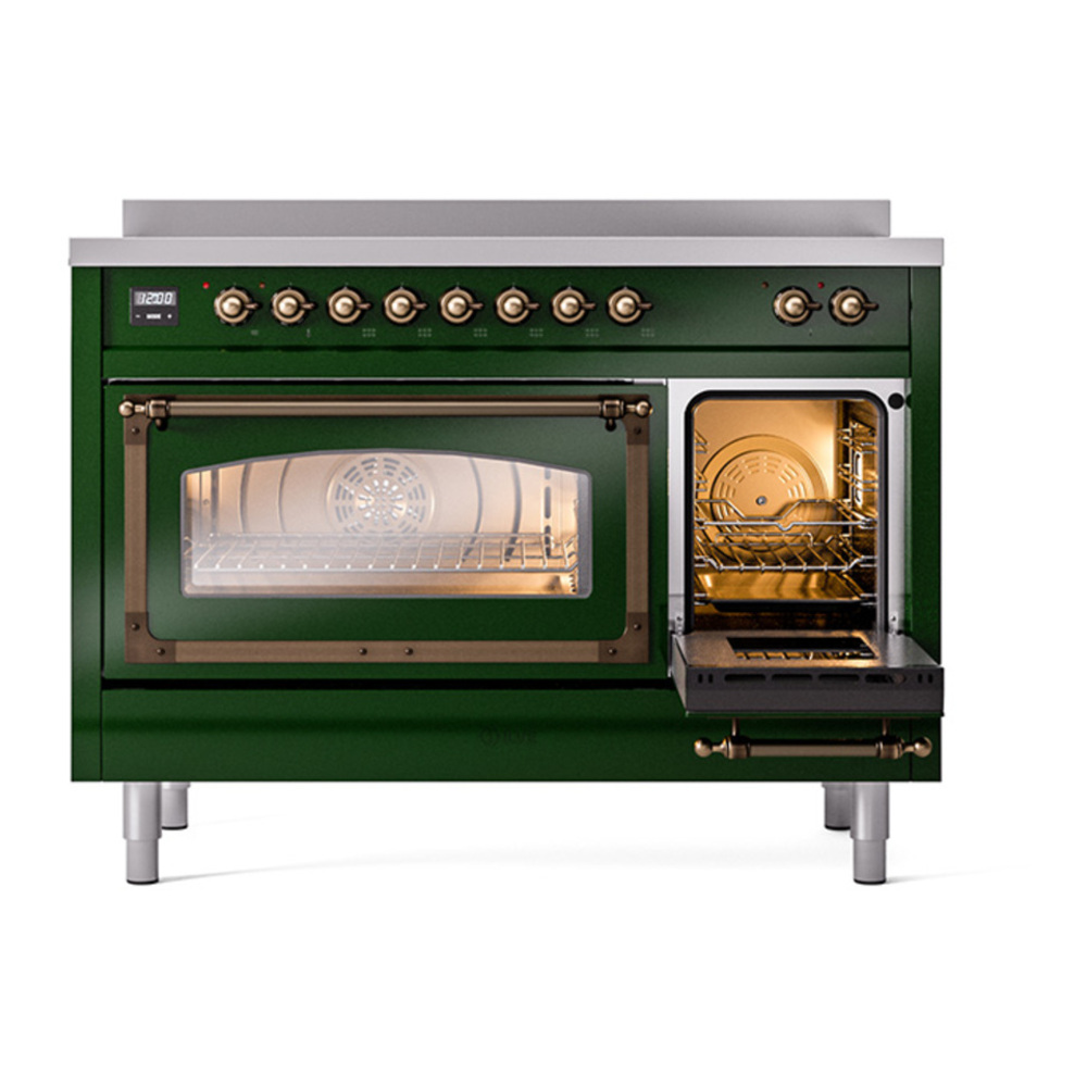 ILVE UNI486NMPEGB Nostalgie II Noblesse 48 inch Induction Range with 6 Elements (Triple Glass Door, Emerald Green, Burnished) 6 ILVE_UNI486NMPEGB_Nostalgie_II_48"_Induction_Range_side_oven_door_opened