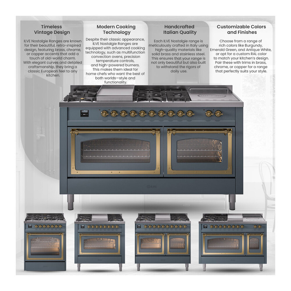 ILVE UNI486NMPEGC Nostalgie II Noblesse 48 inch Induction Range with 6 Elements (Triple Glass Door, Emerald Green, Chrome) 2 nostalgie ii noblesse infographic