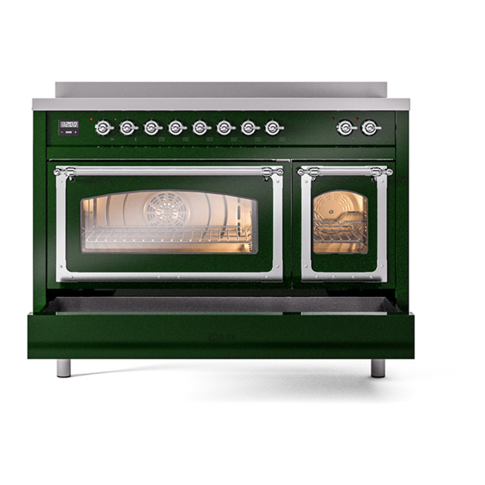 ILVE UNI486NMPEGC Nostalgie II Noblesse 48 inch Induction Range with 6 Elements (Triple Glass Door, Emerald Green, Chrome) 7 ILVE_UNI486NMPEGC_Nostalgie_II_48"_Induction_Range_drawer_opened
