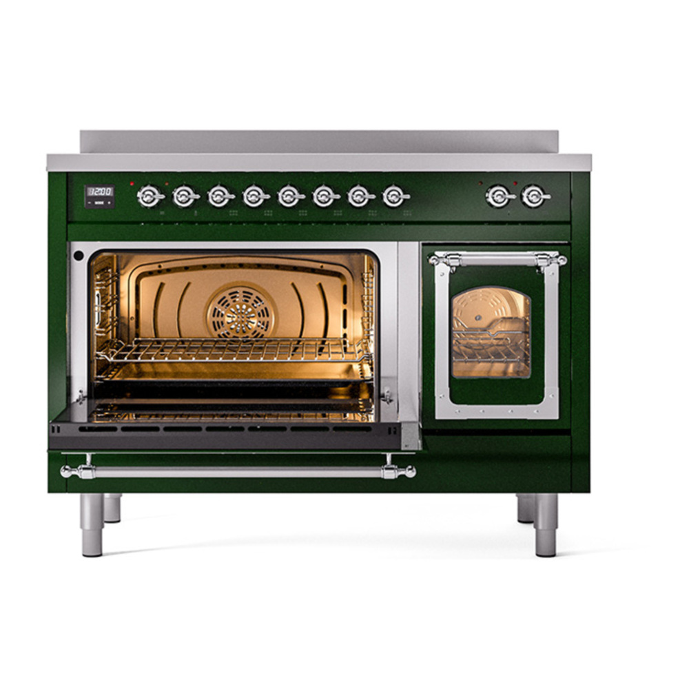 ILVE UNI486NMPEGC Nostalgie II Noblesse 48 inch Induction Range with 6 Elements (Triple Glass Door, Emerald Green, Chrome) 5 ILVE_UNI486NMPEGC_Nostalgie_II_48"_Induction_Range_main_oven_door_opened