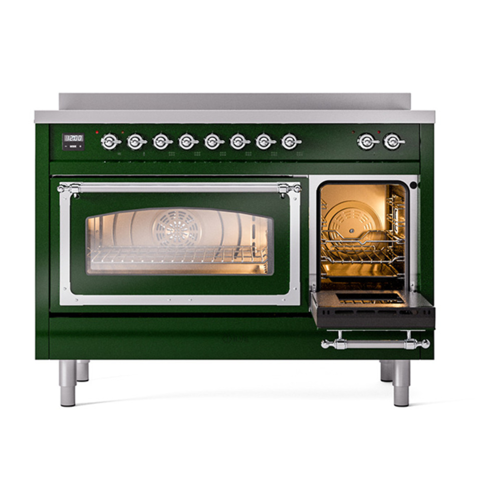 ILVE UNI486NMPEGC Nostalgie II Noblesse 48 inch Induction Range with 6 Elements (Triple Glass Door, Emerald Green, Chrome) 6 ILVE_UNI486NMPEGC_Nostalgie_II_48"_Induction_Range_side_oven_door_opened