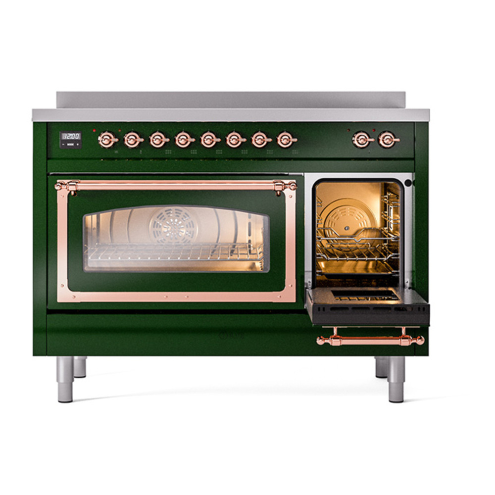 ILVE UNI486NMPEGP Nostalgie II Noblesse 48 inch Induction Range with 6 Elements (Triple Glass Door, Emerald Green, Copper) 6 ILVE_UNI486NMPEGP_Nostalgie_II_48"_Induction_Range_drawer_opened