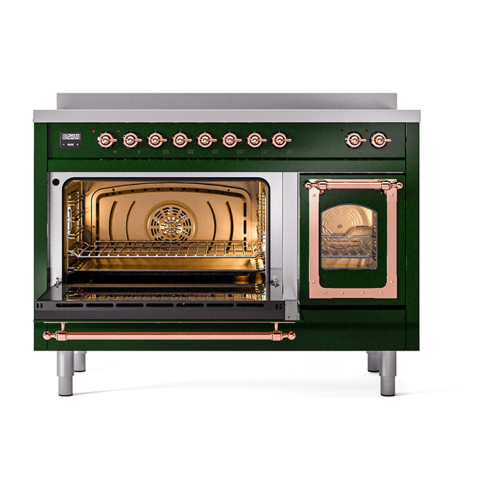 ILVE UNI486NMPEGP Nostalgie II Noblesse 48 inch Induction Range with 6 Elements (Triple Glass Door, Emerald Green, Copper) 5 ILVE_UNI486NMPEGP_Nostalgie_II_48"_Induction_Range_main_oven_door_opened