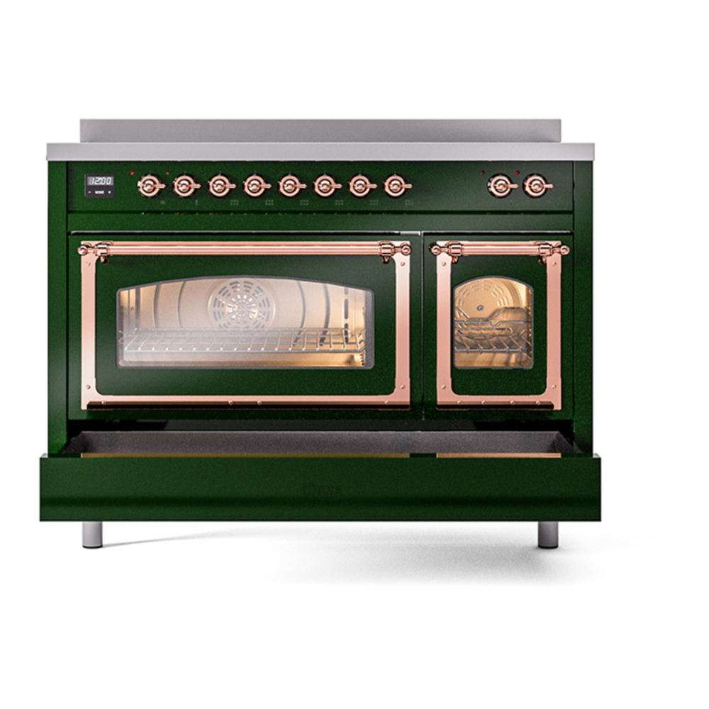 ILVE UNI486NMPEGP Nostalgie II Noblesse 48 inch Induction Range with 6 Elements (Triple Glass Door, Emerald Green, Copper) 7 ILVE_UNI486NMPEGP_Nostalgie_II_48"_Induction_Range_side_oven_door_opened