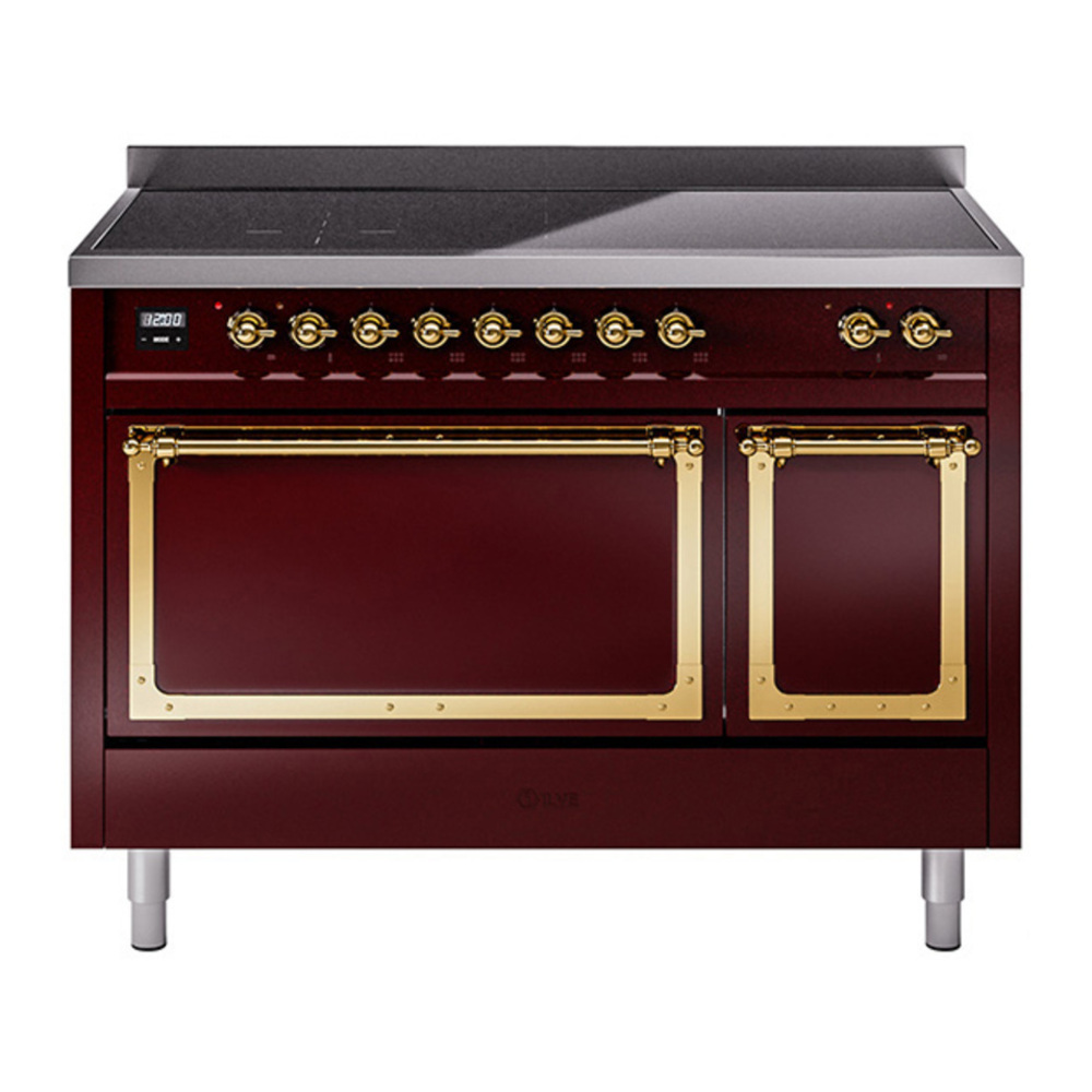 ILVE UNI486QNMPBUG Nostalgie II Noblesse 48 inch Induction Range with 6 Elements (Solid Door, Burgundy, Brass) 1 UNI486QNMPBUG