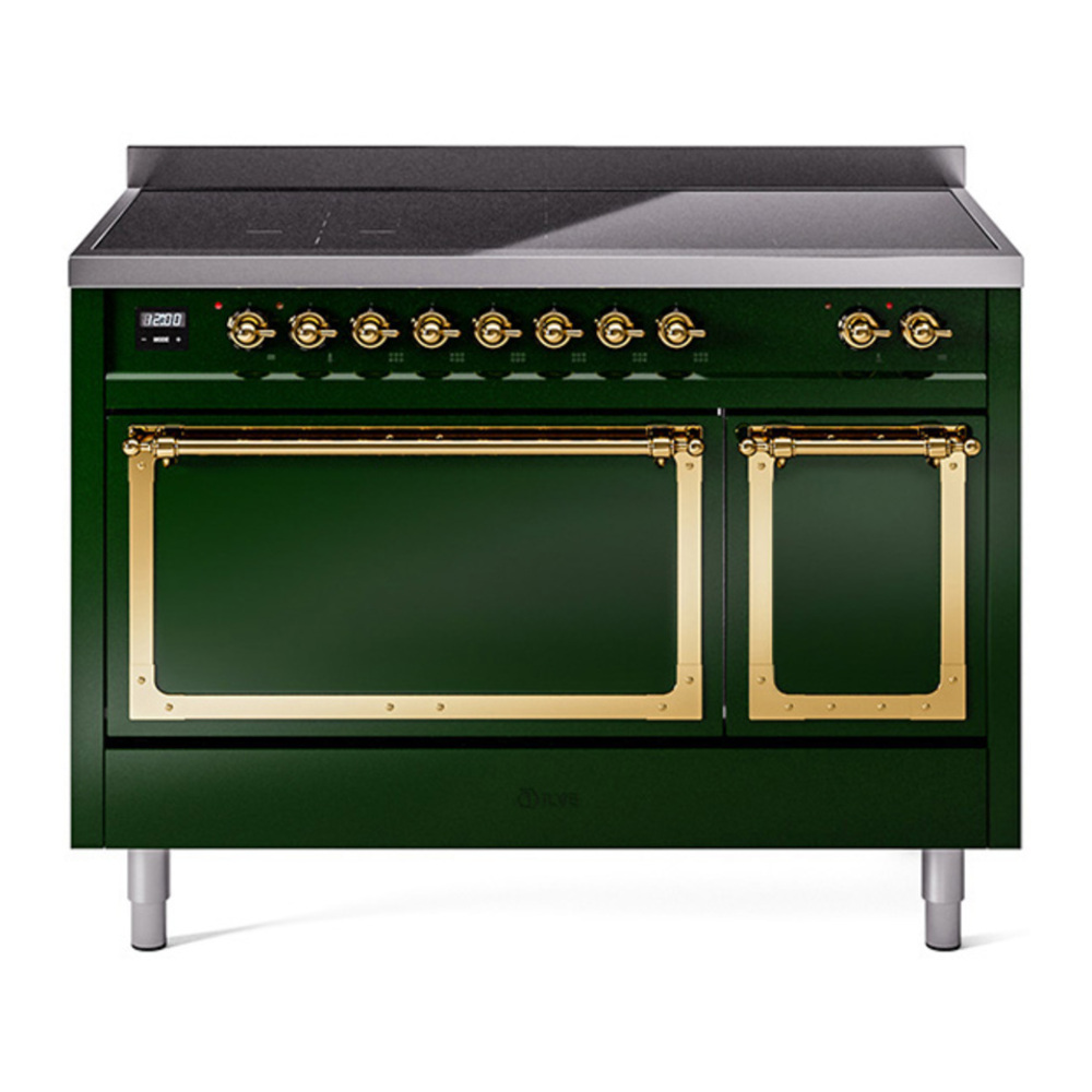 ILVE UNI486QNMPEGG Nostalgie II Noblesse 48 inch Induction Range with 6 Elements (Solid Door, Emerald Green, Brass) 1 UNI486QNMPEGG
