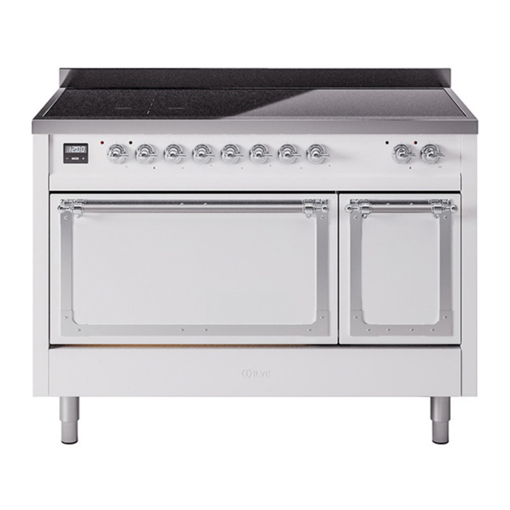 ILVE UNI486QNMPWHC Nostalgie II Noblesse 48 inch Induction Range with 6 Elements (Solid Door, White, Chrome) 1 UNI486QNMPWHC