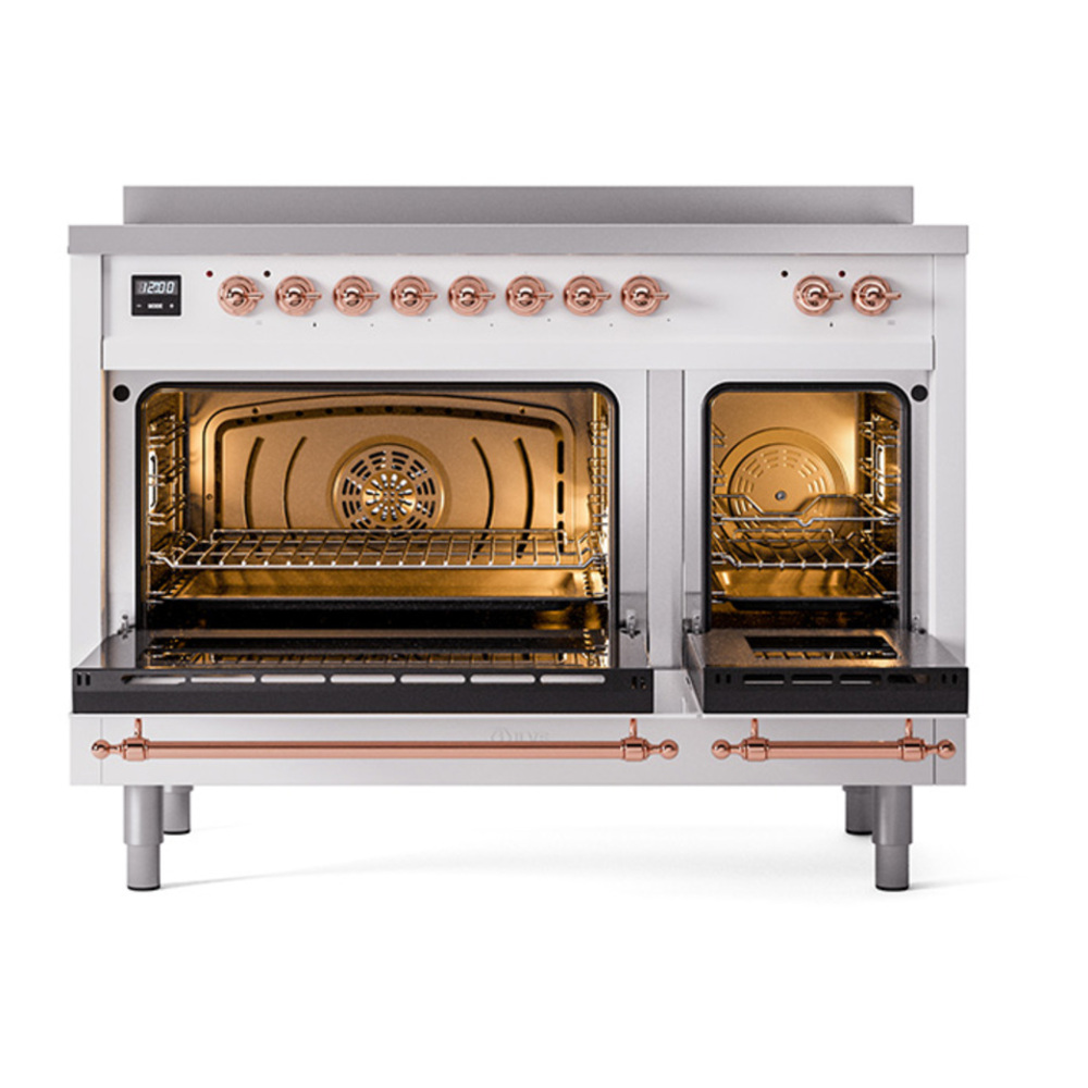 ILVE UNI486QNMPWHP Nostalgie II Noblesse 48 inch Induction Range with 6 Elements (Solid Door, White, Copper) 2 ILVE_UNI486QNMPWHP_Nostalgie_II_48"_Induction_Range_oven_door_opened