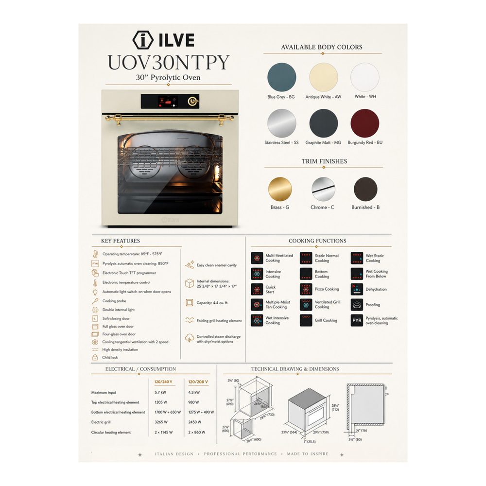 ILVE UOV30NTPYBGC Nostalgie II 30 inch Pyrolytic Single Wall Oven with 4.4 cu. ft. Capacity (Blue Grey, Chrome) 2 ILVE UOV30NTPY infographic