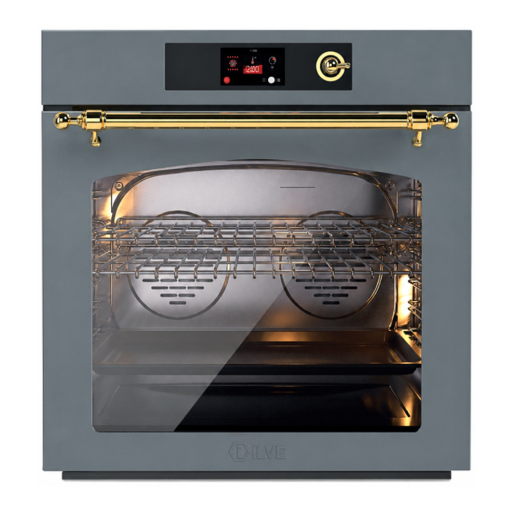 ILVE UOV30NTPYBGG Nostalgie II 30 inch Pyrolytic Single Wall Oven with 4.4 cu. ft. Capacity (Blue Grey, Brass) 1 UOV30NTPYBGG