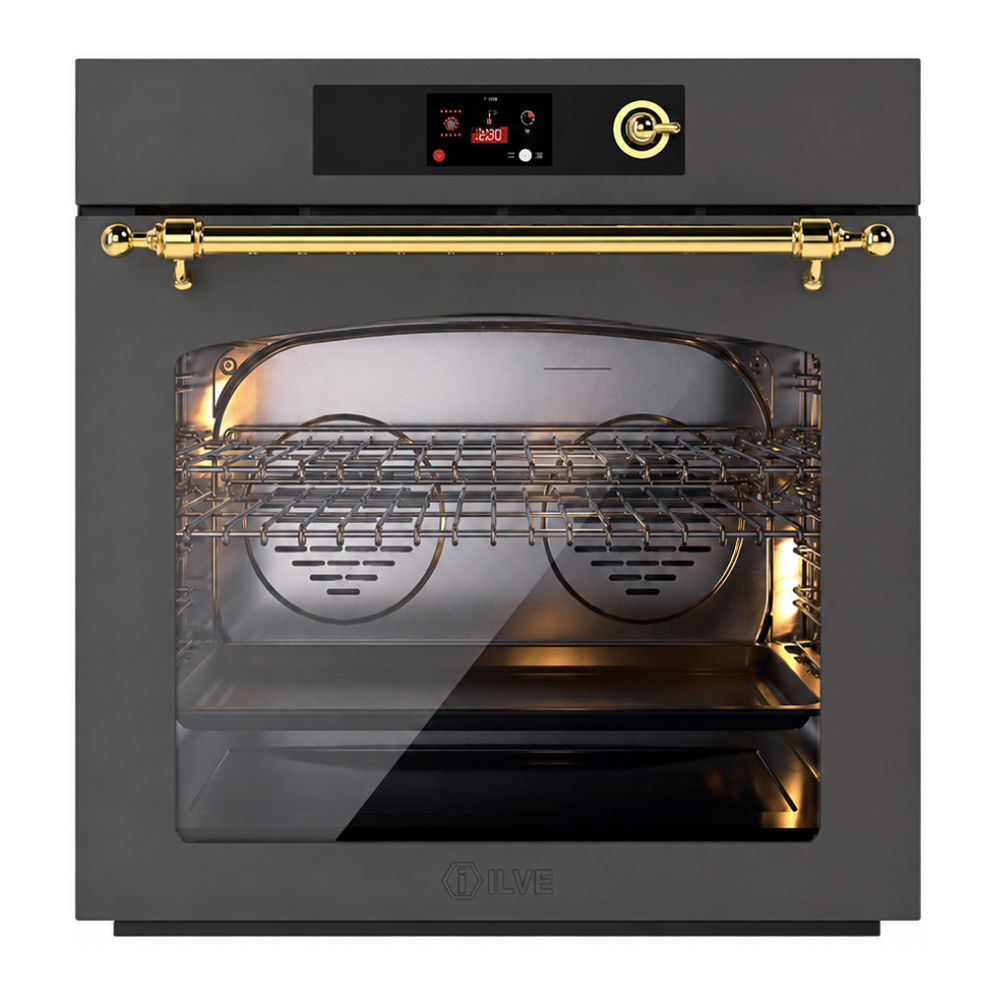ILVE UOV30NTPYMGG Nostalgie II 30 inch Pyrolytic Single Wall Oven with 4.4 cu. ft. Capacity (Graphite Matte, Brass) 1 UOV30NTPYMGG