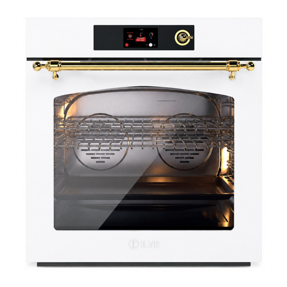 ILVE UOV30NTPYWHG Nostalgie II 30 inch Pyrolytic Single Wall Oven with 4.4 cu. ft. Capacity (White, Brass) 1 UOV30NTPYWHG