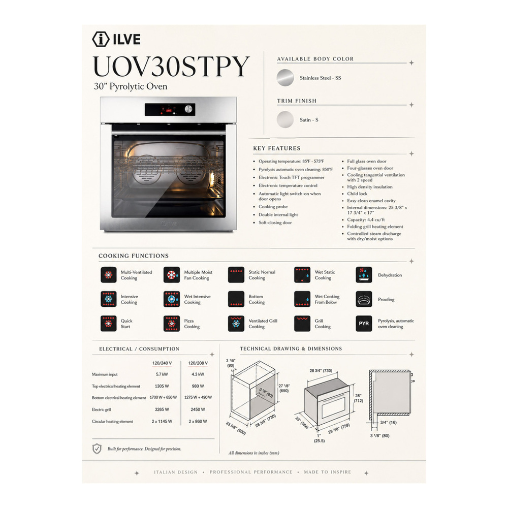 ILVE UOV30STPYSS Professional Plus II 30 inch Pyrolytic Single Wall Oven with 4.4 cu. ft. Capacity (Stainless Steel) 2 ILVE UOV30STPYS infographic