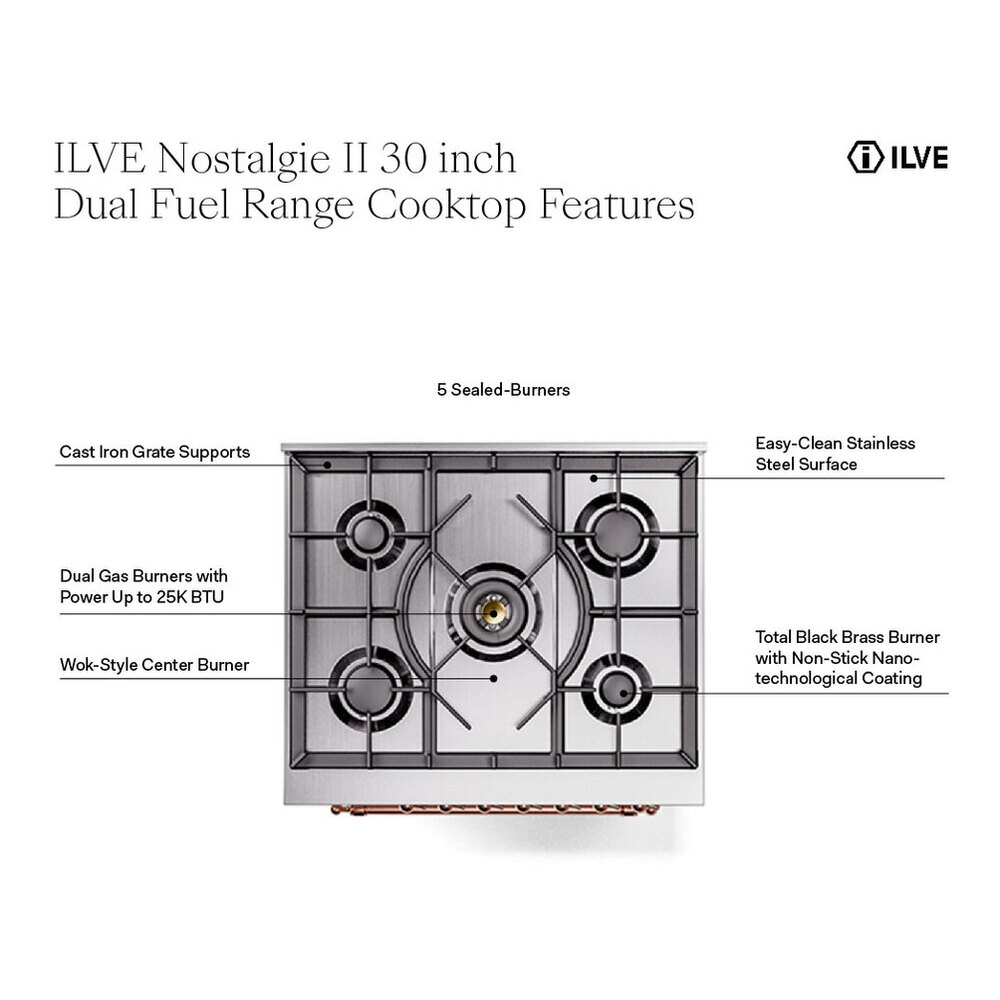 ILVE UP30NMPAWB Nostalgie II 30 inch Dual Fuel Range with 5 Burners with 4 cu. ft. Oven Capacity (Natural Gas, Triple Glass Door, Antique White, Burnished) 4 ILVE UP30NMP Nostalgie II 30 inch Dual Fuel Range with 5 Burners