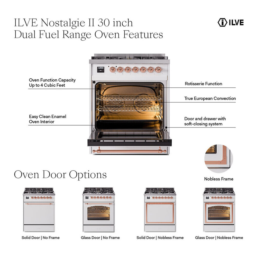 ILVE UP30NMPAWB Nostalgie II 30 inch Dual Fuel Range with 5 Burners with 4 cu. ft. Oven Capacity (Natural Gas, Triple Glass Door, Antique White, Burnished) 3 ILVE UP30NMP Nostalgie II 30 inch Dual Fuel Range with 5 Burners