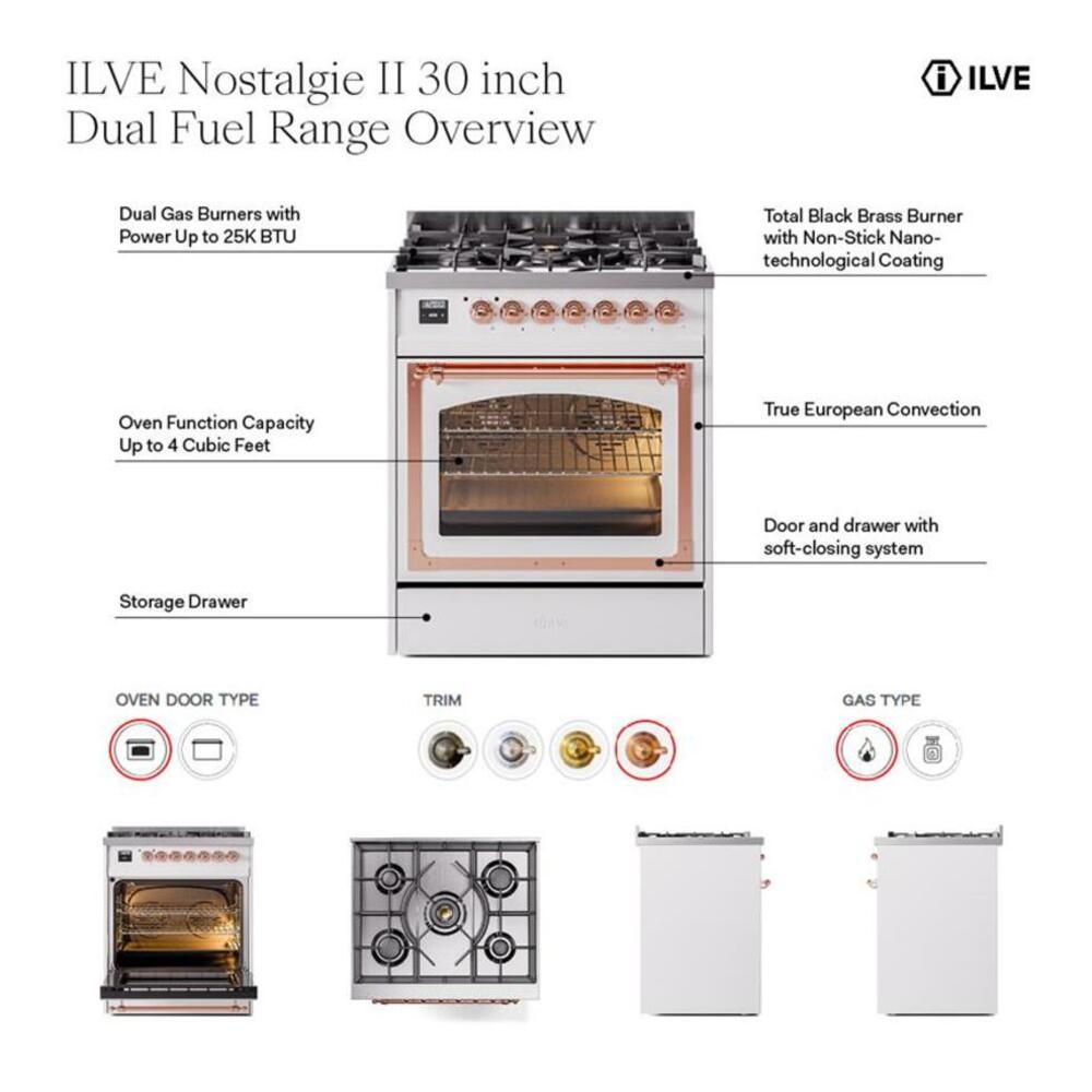 ILVE UP30NMPAWB Nostalgie II 30 inch Dual Fuel Range with 5 Burners with 4 cu. ft. Oven Capacity (Natural Gas, Triple Glass Door, Antique White, Burnished) 2 ILVE UP30NMP Nostalgie II 30 inch Dual Fuel Range with 5 Burners
