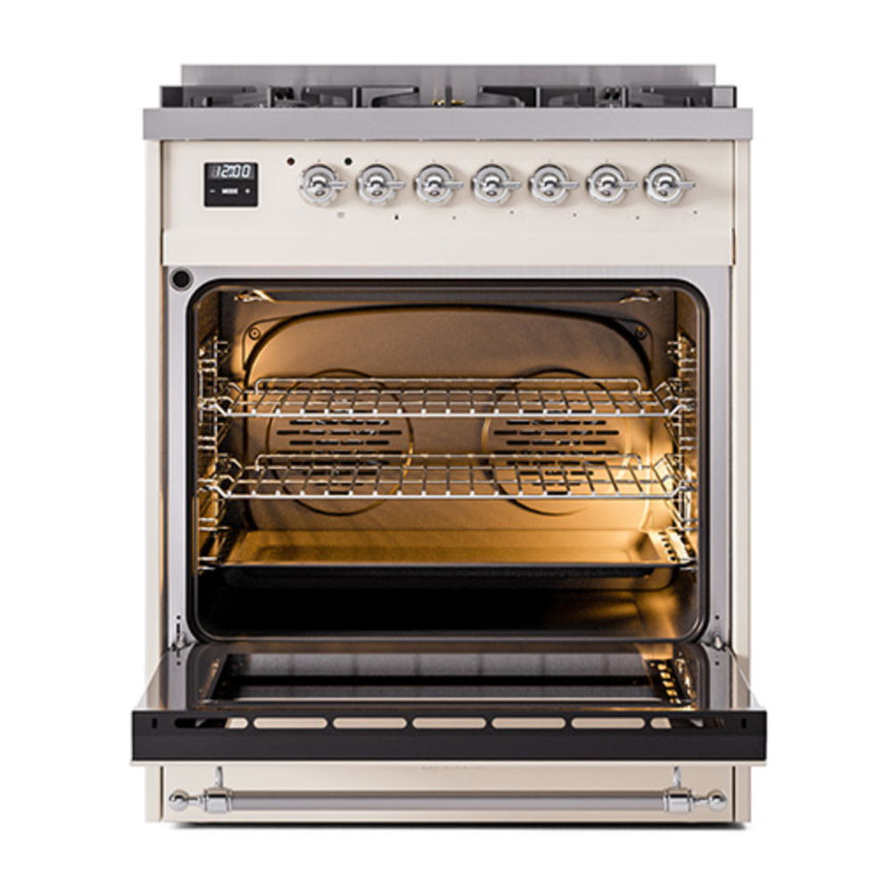 ILVE UP30NMPAWCLP Nostalgie II 30 inch Dual Fuel Range with 5 Burners with 4 cu. ft. Oven Capacity (Liquid Propane, Triple Glass Door, Antique White, Chrome) 6 ILVE_UP30NMPAWCLP_Nostalgie_II_30"_Dual_Fuel_Range_door_opened
