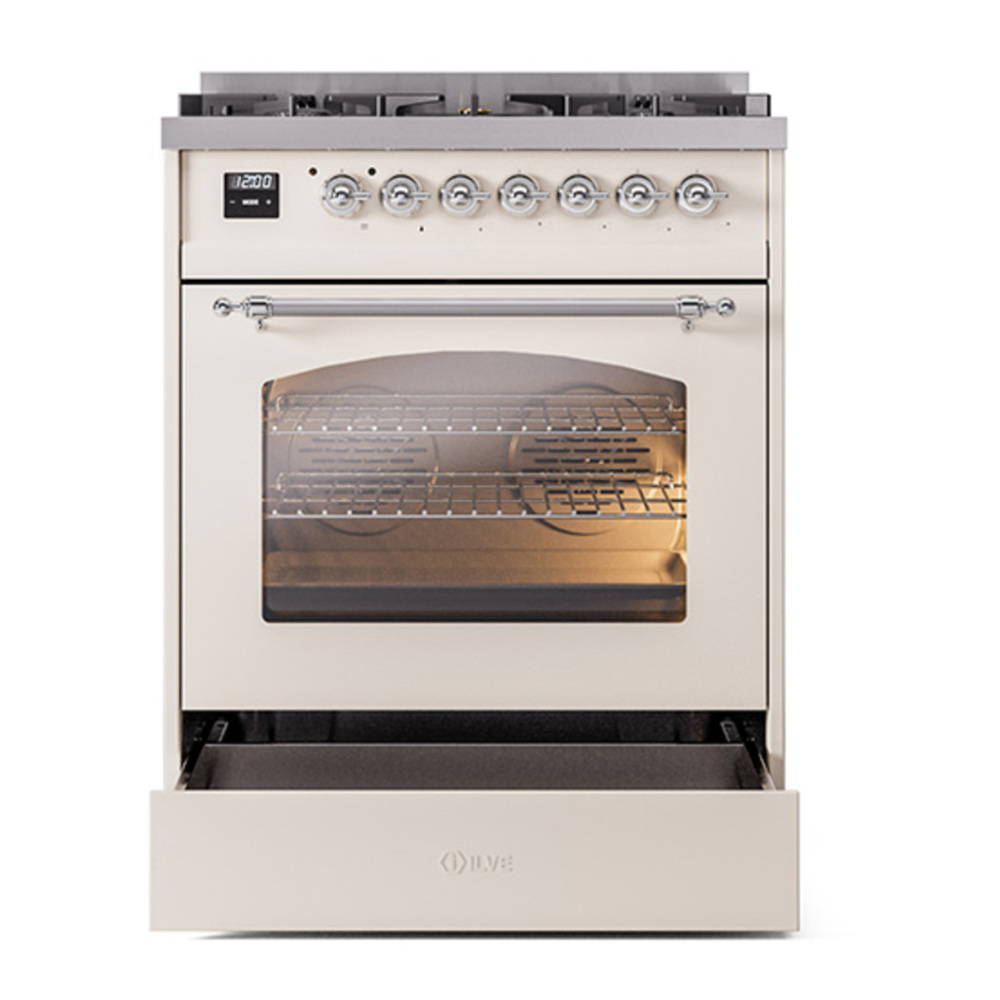 ILVE UP30NMPAWCLP Nostalgie II 30 inch Dual Fuel Range with 5 Burners with 4 cu. ft. Oven Capacity (Liquid Propane, Triple Glass Door, Antique White, Chrome) 7 ILVE_UP30NMPAWCLP_Nostalgie_II_30"_Dual_Fuel_Range_drawer_opened