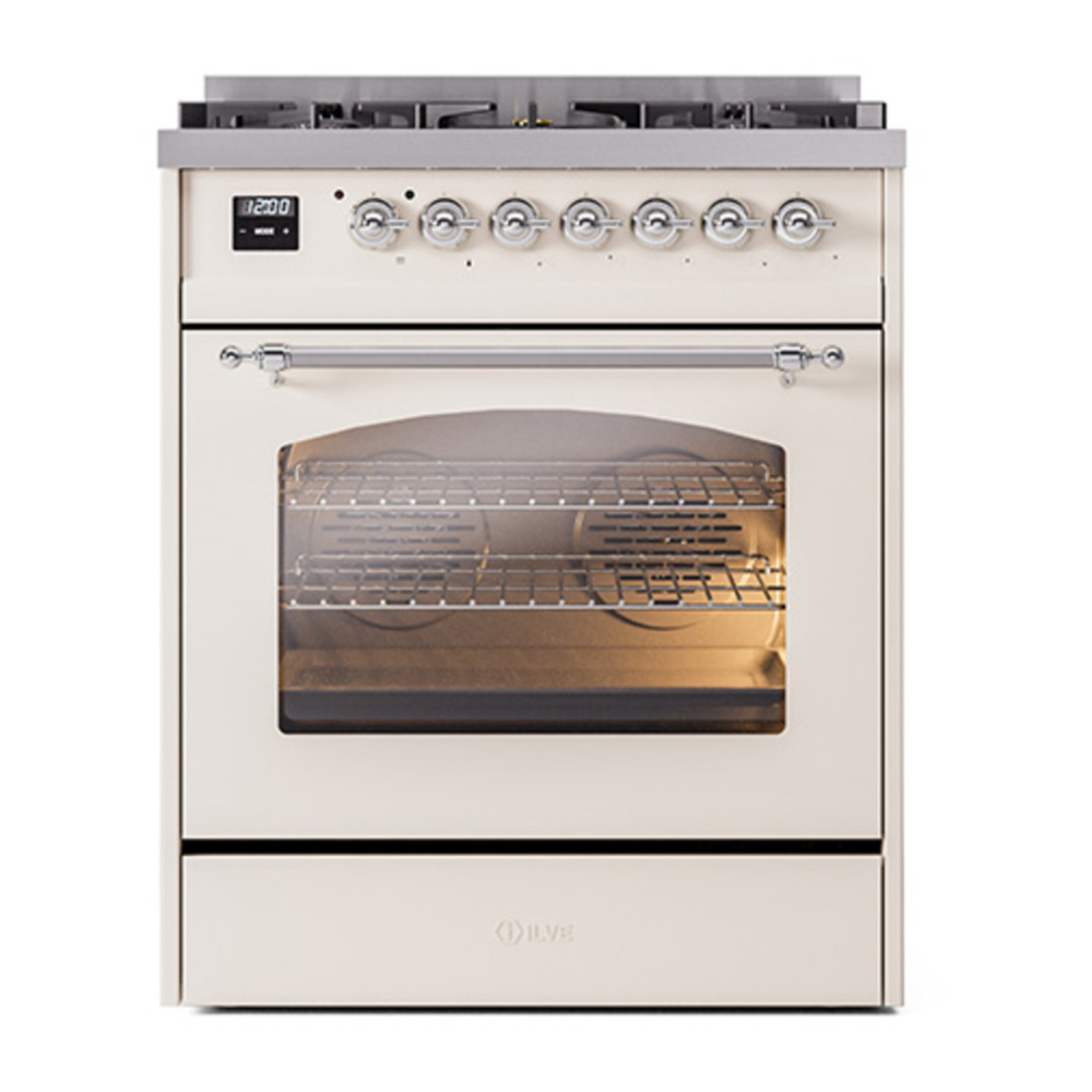 ILVE UP30NMPAWC Nostalgie II 30 inch Dual Fuel Range with 5 Burners with 4 cu. ft. Oven Capacity (Natural Gas, Triple Glass Door, Antique White, Chrome) 5 ILVE_UP30NMPAWC_Nostalgie_II_30"_Dual_Fuel_Range_front_view