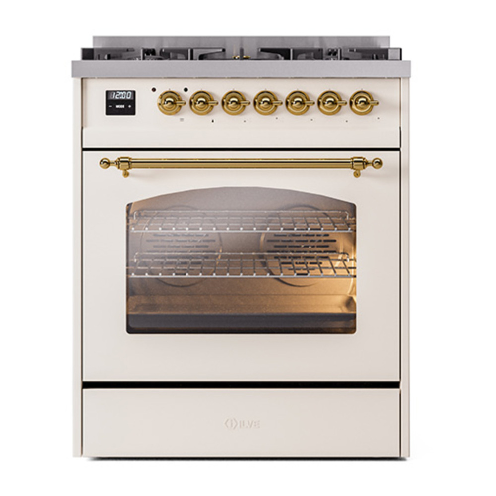 ILVE UP30NMPAWGLP Nostalgie II 30 inch Dual Fuel Range with 5 Burners with 4 cu. ft. Oven Capacity (Liquid Propane, Triple Glass Door, Antique White, Brass) 5 ILVE_UP30NMPAWGLP_Nostalgie_II_30"_Dual_Fuel_Range_front_view