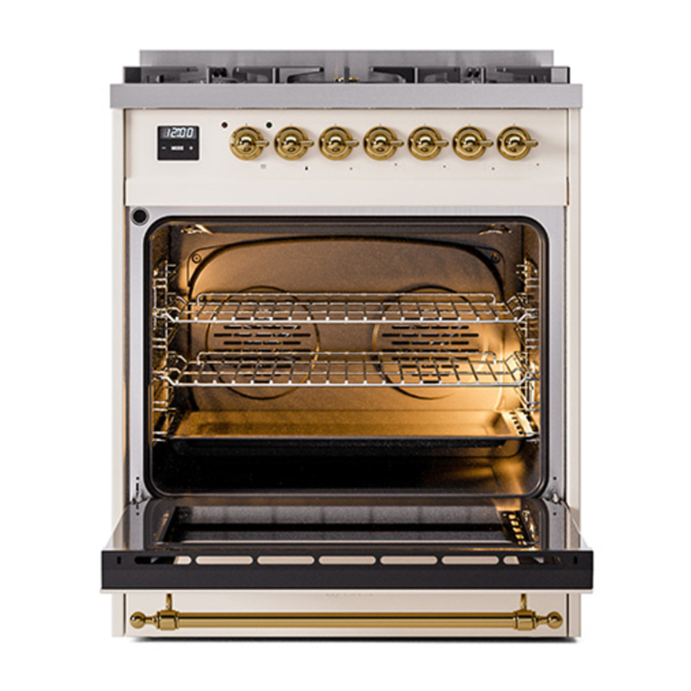 ILVE UP30NMPAWGLP Nostalgie II 30 inch Dual Fuel Range with 5 Burners with 4 cu. ft. Oven Capacity (Liquid Propane, Triple Glass Door, Antique White, Brass) 6 ILVE_UP30NMPAWGLP_Nostalgie_II_30"_Dual_Fuel_Range_door_opened
