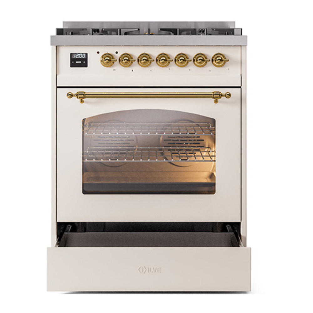 ILVE UP30NMPAWG Nostalgie II 30 inch Dual Fuel Range with 5 Burners with 4 cu. ft. Oven Capacity (Natural Gas, Triple Glass Door, Antique White, Brass) 7 ILVE_UP30NMPAWG_Nostalgie_II_30"_Dual_Fuel_Range_drawer_opened