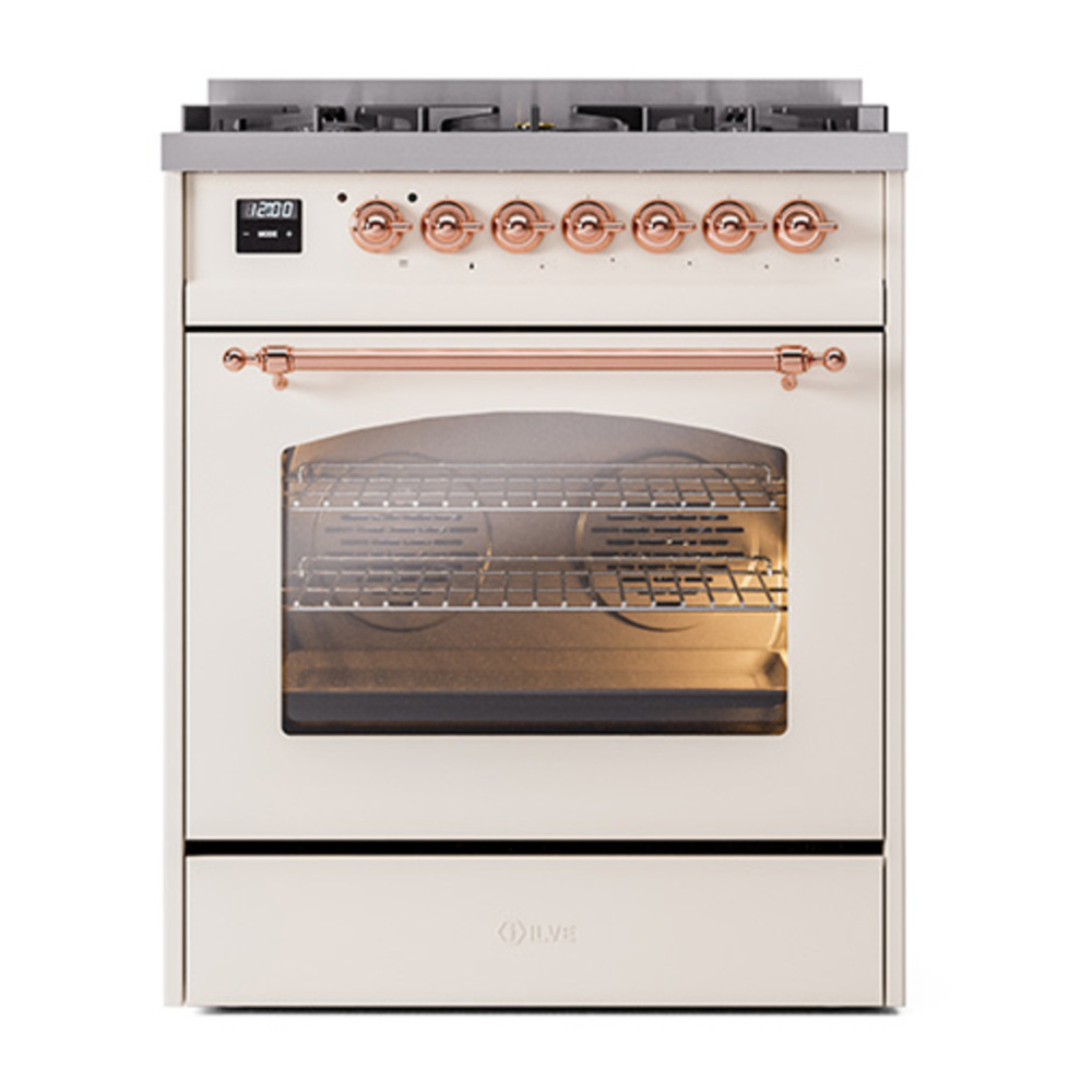 ILVE UP30NMPAWP Nostalgie II 30 inch Dual Fuel Range with 5 Burners with 4 cu. ft. Oven Capacity (Natural Gas, Triple Glass Door, Antique White, Copper) 5 ILVE_UP30NMPAWP_Nostalgie_II_30"_Dual_Fuel_Range_front_view
