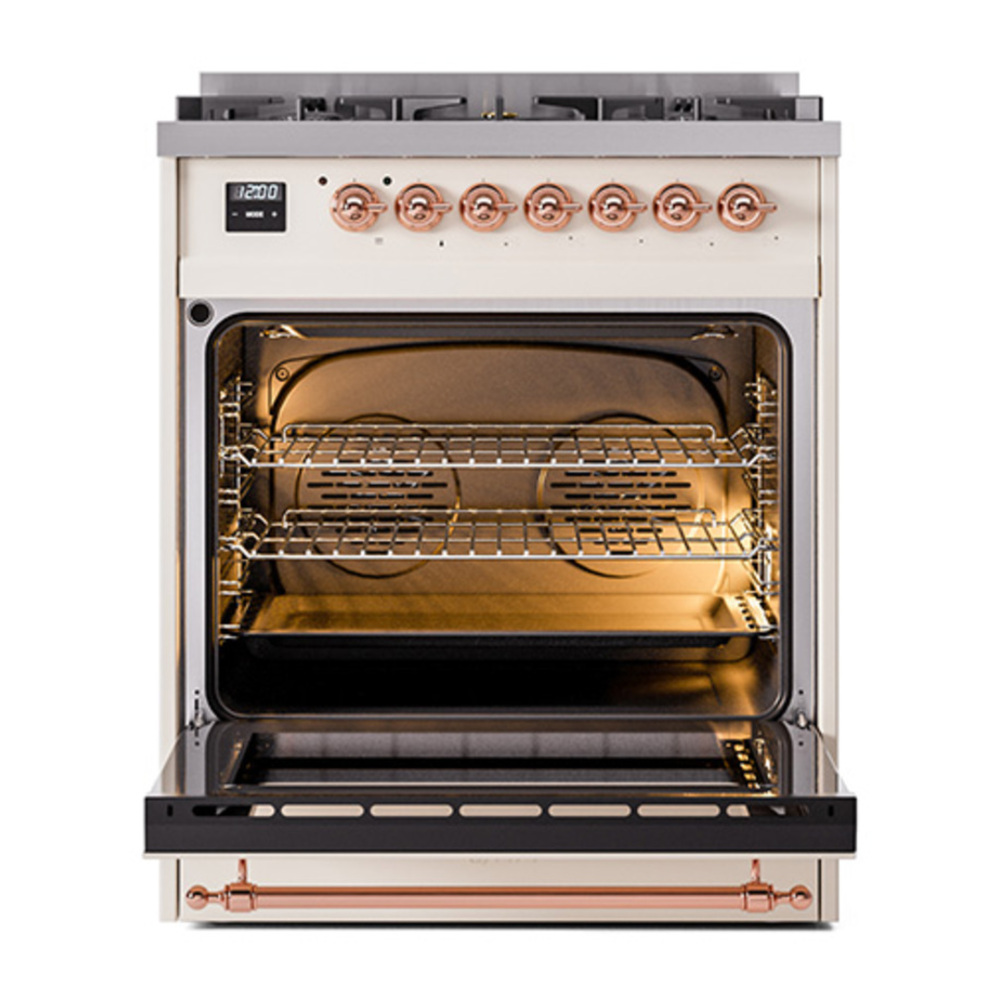 ILVE UP30NMPAWP Nostalgie II 30 inch Dual Fuel Range with 5 Burners with 4 cu. ft. Oven Capacity (Natural Gas, Triple Glass Door, Antique White, Copper) 6 ILVE_UP30NMPAWP_Nostalgie_II_30"_Dual_Fuel_Range_door_opened