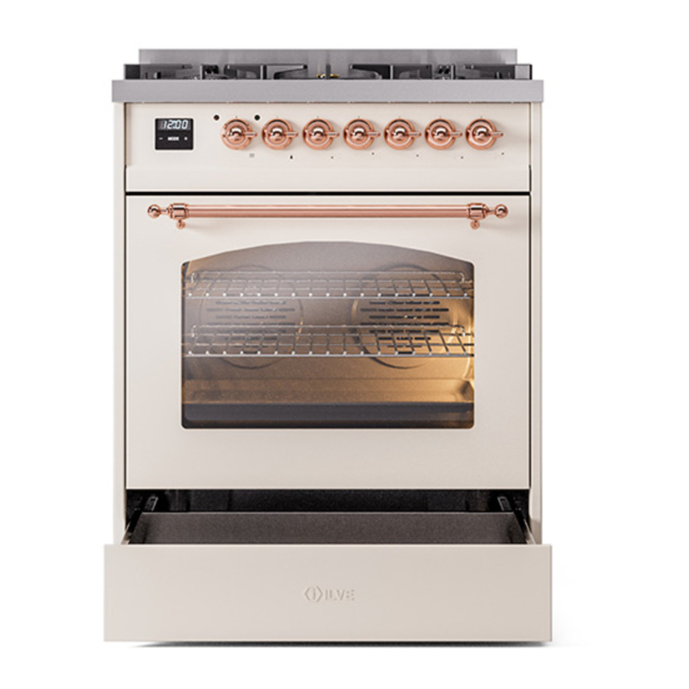 ILVE UP30NMPAWP Nostalgie II 30 inch Dual Fuel Range with 5 Burners with 4 cu. ft. Oven Capacity (Natural Gas, Triple Glass Door, Antique White, Copper) 7 ILVE_UP30NMPAWP_Nostalgie_II_30"_Dual_Fuel_Range_drawer_opened