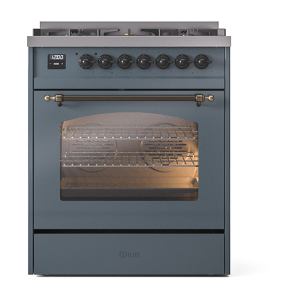 ILVE UP30NMPBGBLP Nostalgie II 30 inch Dual Fuel Range with 5 Burners with 4 cu. ft. Oven Capacity (Liquid Propane, Triple Glass Door, Blue Grey, Burnished) 5 ILVE_UP30NMPBGBLP_Nostalgie_II_30"_Dual_Fuel_Range_front_view