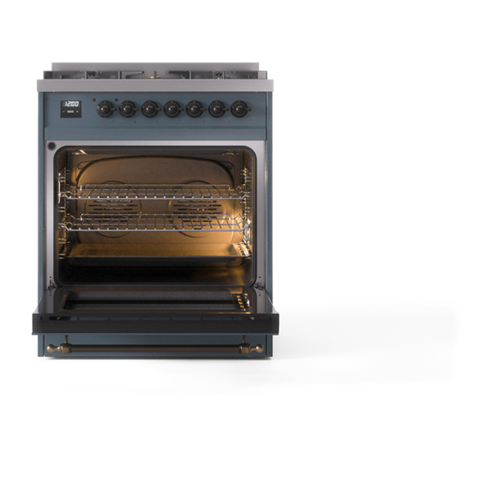 ILVE UP30NMPBGBLP Nostalgie II 30 inch Dual Fuel Range with 5 Burners with 4 cu. ft. Oven Capacity (Liquid Propane, Triple Glass Door, Blue Grey, Burnished) 6 ILVE_UP30NMPBGBLP_Nostalgie_II_30"_Dual_Fuel_Range_door_opened